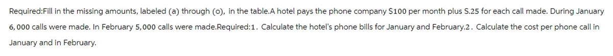 Required:Fill in the missing amounts, labeled (a) through (o), in the table.A hotel pays the phone company $100 per month plus S.25 for each call made. During January
6,000 calls were made. In February 5,000 calls were made. Required:1. Calculate the hotel's phone bills for January and February.2. Calculate the cost per phone call in
January and in February.