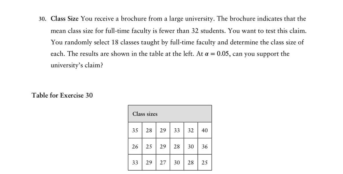 30. Class Size You receive a brochure from a large university. The brochure indicates that the
mean class size for full-time faculty is fewer than 32 students. You want to test this claim.
You randomly select 18 classes taught by full-time faculty and determine the class size of
each. The results are shown in the table at the left. At α = 0.05, can you support the
university's claim?
Table for Exercise 30
Class sizes
35 28 29 33
32 40
2
40
46
26
25
29
28 30
96
36
33
29
27
30
28
25