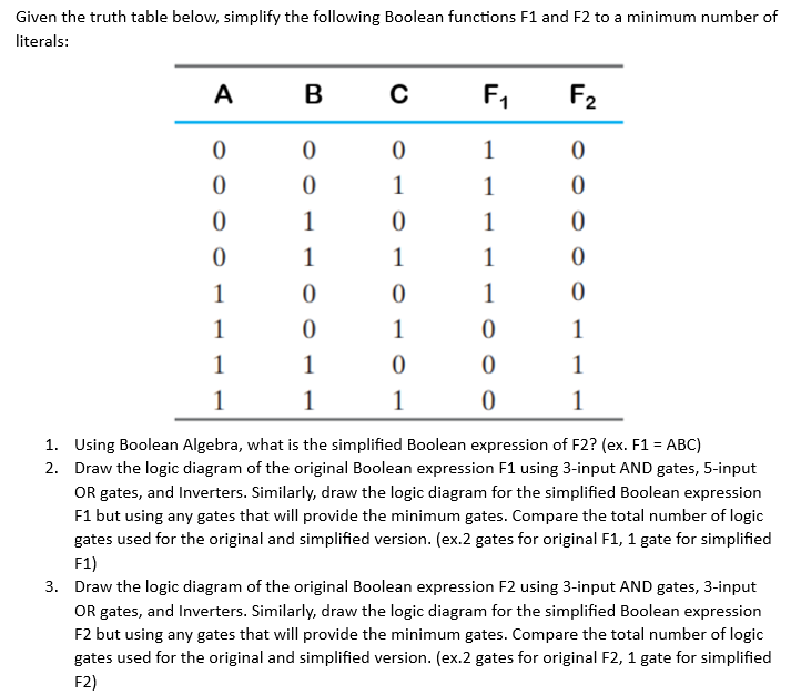 Given the truth table below, simplify the following Boolean functions F1 and F2 to a minimum number of
literals:
A
0
0
0
0
1
1
1
1
B
0
0
1
1
0
0
1
1
C
0
1
0
1
0
1
0
1
F₁
1
1
1
1
1
0
0
0
F₂
N
0
0
0
0
0
1
1
1
1. Using Boolean Algebra, what is the simplified Boolean expression of F2? (ex. F1 = ABC)
2. Draw the logic diagram of the original Boolean expression F1 using 3-input AND gates, 5-input
OR gates, and Inverters. Similarly, draw the logic diagram for the simplified Boolean expression
F1 but using any gates that will provide the minimum gates. Compare the total number of logic
gates used for the original and simplified version. (ex.2 gates for original F1, 1 gate for simplified
F1)
3. Draw the logic diagram of the original Boolean expression F2 using 3-input AND gates, 3-input
OR gates, and Inverters. Similarly, draw the logic diagram for the simplified Boolean expression
F2 but using any gates that will provide the minimum gates. Compare the total number of logic
gates used for the original and simplified version. (ex.2 gates for original F2, 1 gate for simplified
F2)