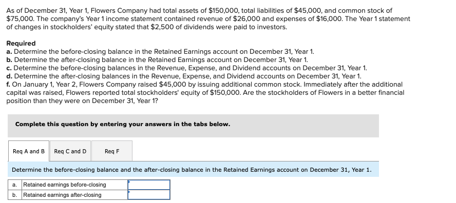 As of December 31, Year 1, Flowers Company had total assets of $150,000, total liabilities of $45,000, and common stock of
$75,000. The company's Year 1 income statement contained revenue of $26,000 and expenses of $16,000. The Year 1 statement
of changes in stockholders' equity stated that $2,500 of dividends were paid to investors.
Required
a. Determine the before-closing balance in the Retained Earnings account on December 31, Year 1.
b. Determine the after-closing balance in the Retained Earnings account on December 31, Year 1.
c. Determine the before-closing balances in the Revenue, Expense, and Dividend accounts on December 31, Year 1.
d. Determine the after-closing balances in the Revenue, Expense, and Dividend accounts on December 31, Year 1.
f. On January 1, Year 2, Flowers Company raised $45,000 by issuing additional common stock. Immediately after the additional
capital was raised, Flowers reported total stockholders' equity of $150,000. Are the stockholders of Flowers in a better financial
position than they were on December 31, Year 1?
Complete this question by entering your answers in the tabs below.
Req A and B Req C and D
Req F
Determine the before-closing balance and the after-closing balance in the Retained Earnings account on December 31, Year 1.
a. Retained earnings before-closing
b. Retained earnings after-closing