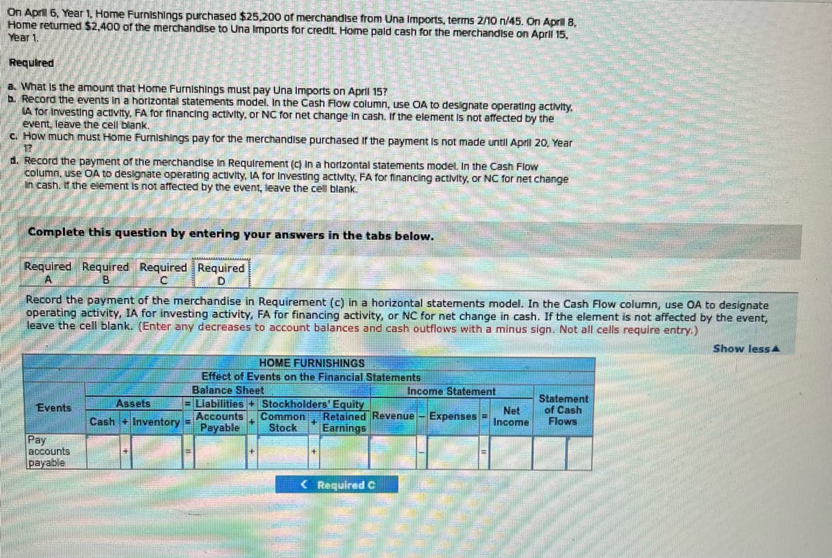 On April 6, Year 1, Home Furnishings purchased $25,200 of merchandise from Una Imports, terms 2/10 n/45. On April 8,
Home returned $2,400 of the merchandise to Una Imports for credit. Home pald cash for the merchandise on April 15,
Year 1.
Required
a. What is the amount that Home Furnishings must pay Una Imports on April 15?
b. Record the events in a horizontall statements model. In the Cash Flow column, use OA to designate operating activity.
LA for Investing activity, FA for financing activity, or NC for net change in cash. If the element is not affected by the
event, leave the cell blank.
c. How much must Home Furnishings pay for the merchandise purchased if the payment is not made until April 20, Year
17
d. Record the payment of the merchandise in Requirement (c) In a horizontal statements model. In the Cash Flow
column, use OA to designate operating activity, IA for Investing activity, FA for financing activity, or NC for net change
In cash. If the element is not affected by the event, leave the cell blank.
Complete this question by entering your answers in the tabs below.
Required Required Required Required
A
B
C
D
Record the payment of the merchandise in Requirement (c) in a horizontal statements model. In the Cash Flow column, use OA to designate
operating activity, IA for investing activity, FA for financing activity, or NC for net change in cash. If the element is not affected by the event,
leave the cell blank. (Enter any decreases to account balances and cash outflows with a minus sign. Not all cells require entry.)
Events
Pay
accounts
payable
HOME FURNISHINGS
Effect of Events on the Financial Statements
Balance Sheet
=Liabilities + Stockholders' Equity
Accounts Common Retained Revenue - Expenses =
Payable Stock Earnings
Assets
Cash + Inventory =
+
<Required C
Income Statement
Net
Income
Statement
of Cash
Flows
Show less