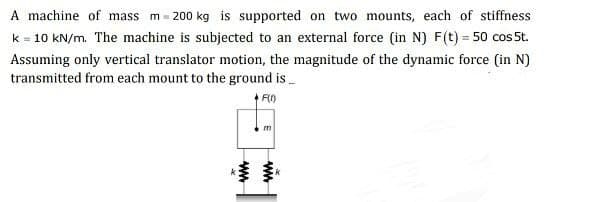 A machine of mass m = 200 kg is supported on two mounts, each of stiffness
k = 10 kN/m. The machine is subjected to an external force (in N) F(t) = 50 cos 5t.
Assuming only vertical translator motion, the magnitude of the dynamic force (in N)
transmitted from each mount to the ground is_
