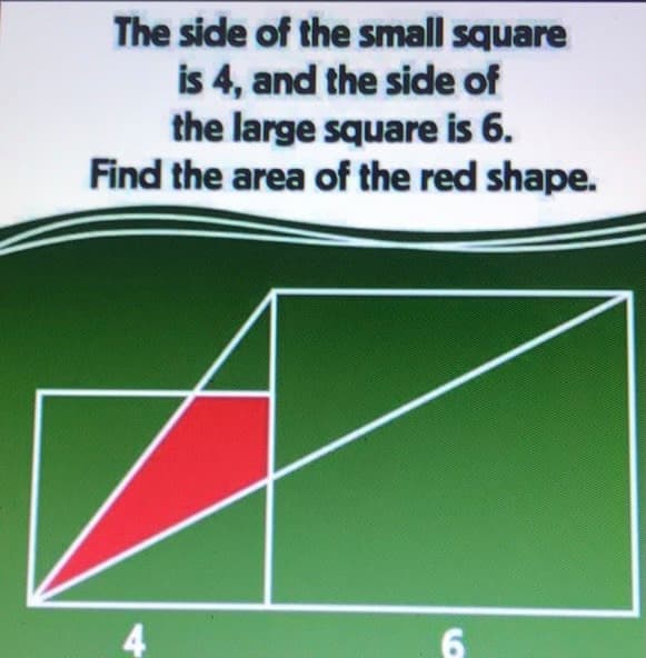 The side of the small square
is 4, and the side of
the large square is 6.
Find the area of the red shape.
