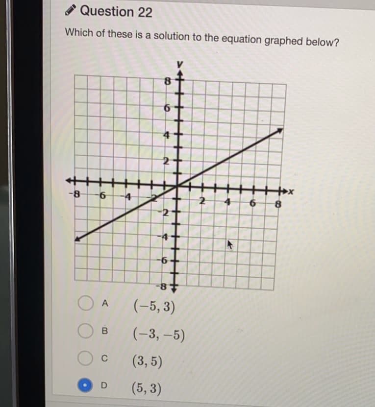 Question 22
Which of these is a solution to the equation graphed below?
4
-8
6 8
4
(-5, 3)
A
(-3, –5)
(3, 5)
(5, 3)
D
8.
6
6
