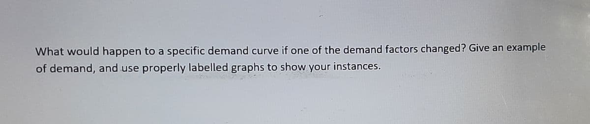 What would happen to a specific demand curve if one of the demand factors changed? Give an example
of demand, and use properly labelled graphs to show your instances.