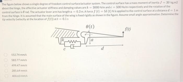 The figure below shows a single degree of freedom control surface/actuator system. The control surface has a mass moment of inertia J = 30 kg.m2
about the hinge, the effective actuator stiffness and damping values are k=3000 N/m and c= 500 Ns/m respectively and the rotation of the
control surface is rad. The actuator lever arm has length a = 0.2 m. A force f (t) = 56 (t) N is applied to the control surface at a distance d=1m|
from the hinge. It is assumed that the main surface of the wing is fixed rigidly as shown in the figure. Assume small angle approximation. Determine the
tip velocity (velocity at the location of f(t)) at t = 0.1s
0 (t)
f(t)
a
152.74 mm/s
583.77 mm/s
499.47 mm/s
285.64 mm/s
400.63 mm/s
d