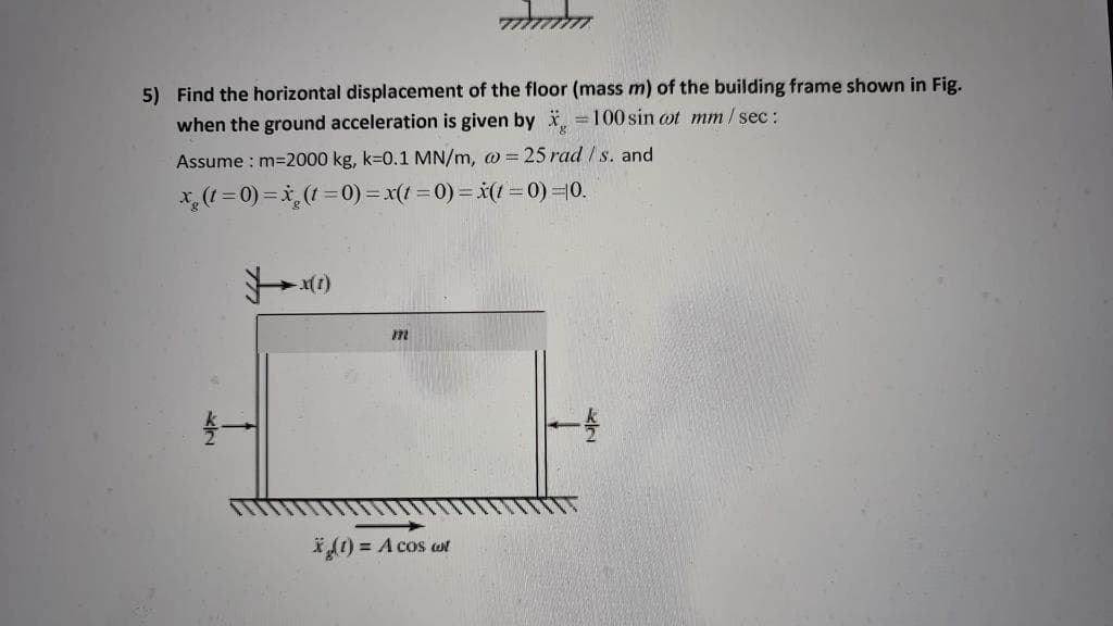 5) Find the horizontal displacement of the floor (mass m) of the building frame shown in Fig.
when the ground acceleration is given by x = 100 sin cot mm/sec :
Assume: m=2000 kg, k=0.1 MN/m, @= 25 rad / s. and
x₂ (t=0)=x₂ (t=0)= x(t=0)= x(t=0)=10.
x(1)
*(t) = A cos cot
K7