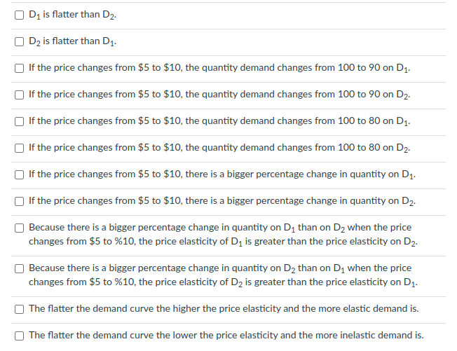 ### Price Elasticity of Demand Quiz 

1. □ **D1 is flatter than D2.**

2. □ **D2 is flatter than D1.**

3. □ **If the price changes from $5 to $10, the quantity demand changes from 100 to 90 on D1.**

4. □ **If the price changes from $5 to $10, the quantity demand changes from 100 to 90 on D2.**

5. □ **If the price changes from $5 to $10, the quantity demand changes from 100 to 80 on D1.**

6. □ **If the price changes from $5 to $10, the quantity demand changes from 100 to 80 on D2.**

7. □ **If the price changes from $5 to $10, there is a bigger percentage change in quantity on D1.**

8. □ **If the price changes from $5 to $10, there is a bigger percentage change in quantity on D2.**

9. □ **Because there is a bigger percentage change in quantity on D1 than on D2 when the price changes from $5 to $10, the price elasticity of D1 is greater than the price elasticity on D2.**

10. □ **Because there is a bigger percentage change in quantity on D2 than on D1 when the price changes from $5 to $10, the price elasticity of D2 is greater than the price elasticity on D1.**

11. □ **The flatter the demand curve, the higher the price elasticity, and the more elastic demand is.**

12. □ **The flatter the demand curve, the lower the price elasticity, and the more inelastic demand is.**

### Explanation:
In this section, participants are prompted to consider the relationships and differences in price elasticity of demand between two demand curves, D1 and D2. The statements guide users through understanding how changes in price affect the quantity demanded and how this, in turn, influences price elasticity. This exercise aims to reinforce the concepts of price elasticity of demand, particularly the idea that elasticity can vary based on how steep or flat the demand curve is.