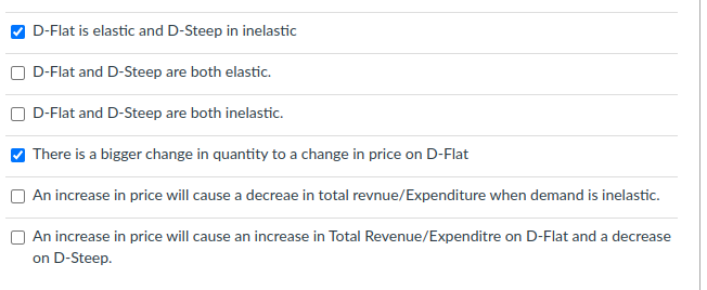 **Understanding Demand Elasticity: Key Concepts**

Elasticity in economics refers to how much the quantity demanded of a good responds to changes in price. This concept is crucial for making informed decisions on pricing strategies, revenue projections, and understanding market dynamics. Below are some key insights related to demand elasticity:

1. **D-Flat is elastic and D-Steep is inelastic**
   - When D-Flat is described as elastic, it means that a small change in price leads to a large change in the quantity demanded.
   - Conversely, D-Steep being inelastic implies that a change in price leads to a relatively smaller change in the quantity demanded.

2. **D-Flat and D-Steep are both elastic**
   - This statement would imply that both demand curves (D-Flat and D-Steep) exhibit high sensitivity to price changes. 
   - It is not selected, indicating that the provided scenario does not consider both to be elastic.

3. **D-Flat and D-Steep are both inelastic**
   - If both curves were inelastic, it would mean that quantities demanded for both goods are not significantly affected by price changes.
   - This option is not selected as it does not fit the described behaviors of D-Flat and D-Steep.

4. **There is a bigger change in quantity to a change in price on D-Flat**
   - This statement indicates that D-Flat has greater elasticity compared to D-Steep, meaning consumers of D-Flat are more responsive to price changes.
   - This is confirmed as an accurate depiction of the demand curves.

5. **An increase in price will cause a decrease in total revenue/expenditure when demand is inelastic**
   - Inelastic demand signifies that consumers are less responsive to price changes. 
   - Hence, with inelastic demand, increasing the price may actually increase total revenue, as the quantity demanded doesn’t drop significantly.
   - This option, not being selected, implies it may be a less likely scenario in the given context.

6. **An increase in price will cause an increase in total revenue/expenditure on D-Flat and a decrease on D-Steep**
   - This statement proposes that raising prices on the elastic D-Flat would increase total revenue, while for the inelastic D-Steep, it would lead to decreased revenue.
   - This scenario is conflicting with the understanding of elasticity; hence, it is not chosen.

The correct analysis of the elasticity of D-