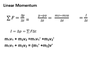 Linear Momentum
ΣF=_
p-po
At
mv-mvo
At
At
At
1 = Ap = E FAt
m;V1 + m2v2 =m,vi' +m2v2'
m,V1 + m2v2 = (m,' +m2)v'
II
