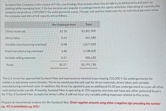Sunland Fiber Company is the creator of Y-Go, a technology that weaves silver into its fabrics to kill bacteria and odor on
clothing while managing heat. Y-Go has become very popular in undergarments for sports activities. Operating at capacity, the
company can produce 1,099,000 Y-Go undergarments a year. The per unit and the total costs for an individual garment when
the company operates at full capacity are as follows.
Direct materials
Direct labor
Variable manufacturing overhead
Fixed manufacturing overhead
Variable selling expenses
Totals
Per Undergarment
$2.10
0.42
0.98
1.40
0.37
$5.27
Total
$2,307.900
461.580
1,077,020
1,538,600
406,630
$5,791,730
The U.S. Army has approached Sunland Fiber and expressed an interest in purchasing 250,200 Y-Go undergarments for
soldiers in extremely warm climates. The Army would pay the unit cost for direct materials, direct labor, and variable
manufacturing overhead costs. In addition, the Army has agreed to pay an additional $1.00 per undergarment to cover all other
costs and provide a profit. Presently, Sunland Fiber is operating at 70% capacity and does not have any other potential buyers
for Y-Go. If Sunland Fiber accepts the Army's offer, it will not incur any variable selling expenses related to this order.
Prepare an incremental analysis for the Sunland Fiber. (Enter negative am unts using either a negative sign preceding the number
eg.-45 or parentheses e.g. (45).)