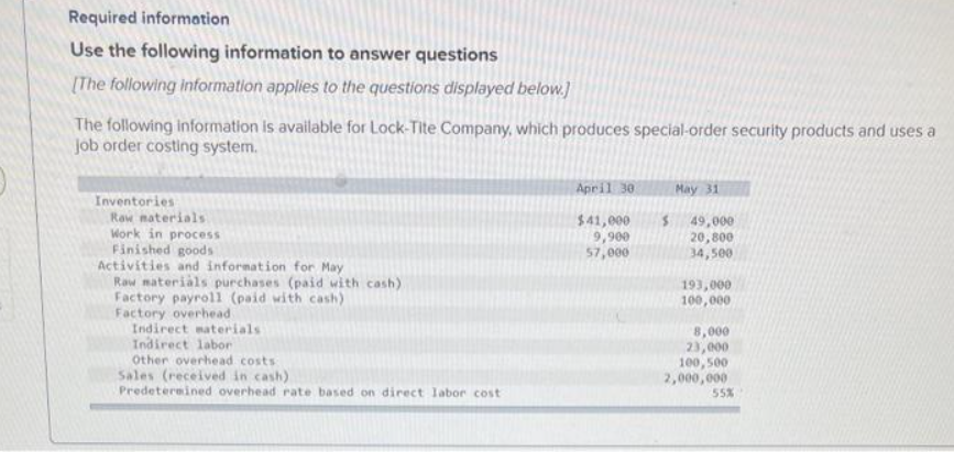 Required information
Use the following information to answer questions
[The following information applies to the questions displayed below.]
The following information is available for Lock-Tite Company, which produces special-order security products and uses a
job order costing system.
Inventories
Raw materials
Work in process
Finished goods
Activities and information for May
Raw materials purchases (paid with cash)
Factory payroll (paid with cash)
Factory overhead
Indirect materials
Indirect labor
Other overhead costs.
Sales (received in cash)
Predetermined overhead rate based on direct labor cost
April 30
$41,000
9,900
57,000
May 31
49,000
20,800
34,500
193,000
100,000
8,000
23,000
100,500
2,000,000
55%