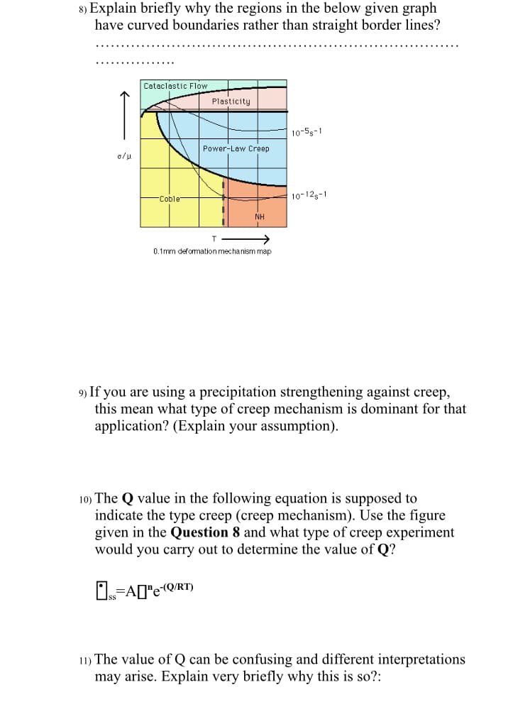 8) Explain briefly why the regions in the below given graph
have curved boundaries rather than straight border lines?
Cataclastic Flow
Plasticity
10-55-1
Power-Law Creep
o/u
-Coble
10-125-1
NH
0.1mm defomation mechanism map
9) If you are using a precipitation strengthening against creep,
this mean what type of creep mechanism is dominant for that
application? (Explain your assumption).
10) The Q value in the following equation is supposed to
indicate the type creep (creep mechanism). Use the figure
given in the Question 8 and what type of creep experiment
would you carry out to determine the value of Q?
s=AD"eQ/RT)
11) The value of Q can be confusing and different interpretations
may arise. Explain very briefly why this is so?:
