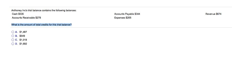 Anthoney Inc's trial balance contains the following balances:
Cash $535
Accounts Receivable $278
What is the amount of total credits for this trial balance?
OA. $1,487
OB. $549
OC. $1,018
OD. $1,692
Accounts Payable $344
Expenses $205
Revenue $674