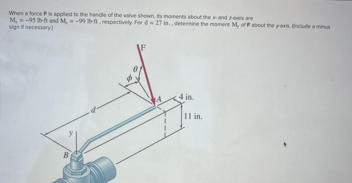 When a force F is applied to the handle of the valve shown, its moments about the x- and z-axes are
=
=
M, -95 lb-ft and M, -99 lb-ft, respectively. For d=27 in., determine the moment M, of F about the y-axis. (Include a minus
sign if necessary.)
B
y
F
d.
MA
4 in.
11 in.