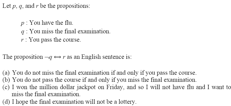 Let p, q, and r be the propositions:
p: You have the flu.
q : You miss the final examination.
r: You pass the course.
The proposition ¬q → r as an English sentence is:
(a) You do not miss the final examination if and only if you pass the course.
(b) You do not pass the course if and only if you miss the final examination.
(c) I won the million dollar jackpot on Friday, and so I will not have flu and I want to
miss the final examination.
(d) I hope the final examination will not be a lottery.
