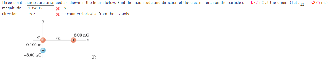 Three point charges are arranged as shown in the figure below. Find the magnitude and direction of the electric force on the particle g = 4.82 nC at the origin. (Let r,, = 0.275 m.)
magnitude
1.35e-15
X N
direction
75.2
X ° counterclockwise from the +x axis
6.00 nC
0.100 m
-3.00 nC|
