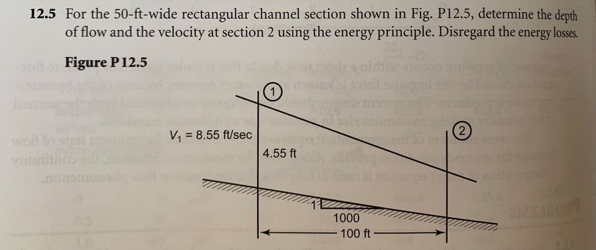 12.5 For the 50-ft-wide rectangular channel section shown in Fig. P12.5, determine the depth
of flow and the velocity at section 2 using the energy principle. Disregard the energy losses.
Figure P12.5
V, = 8.55 ft/sec
(2
woll lo
viunitnoo s
4.55 ft
05
1000
100 ft
