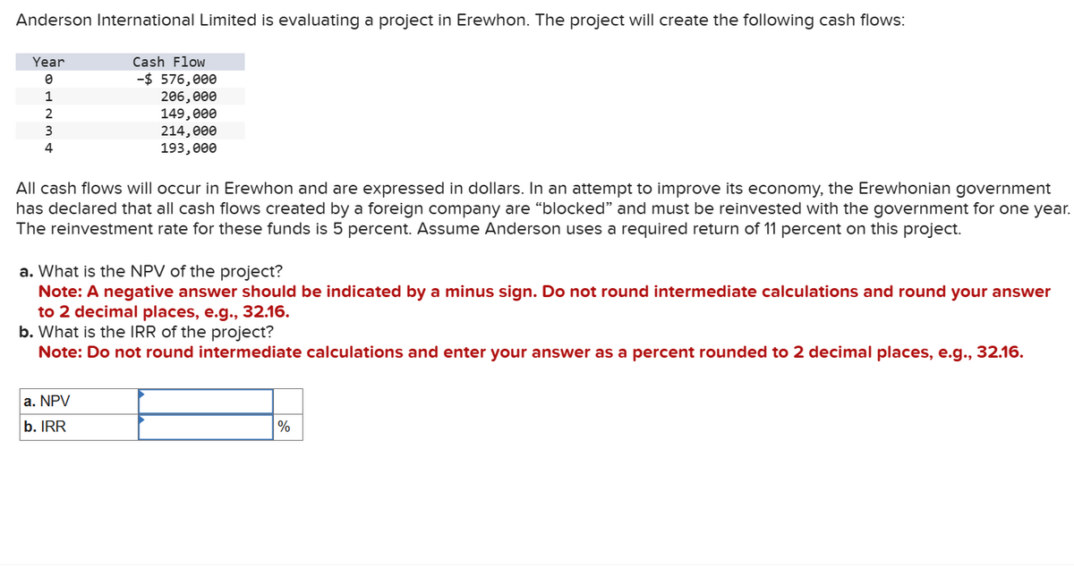 Anderson International Limited is evaluating a project in Erewhon. The project will create the following cash flows:
Year
0
1
2
3
4
Cash Flow
-$ 576,000
206,000
149,000
214,000
193,000
All cash flows will occur in Erewhon and are expressed in dollars. In an attempt to improve its economy, the Erewhonian government
has declared that all cash flows created by a foreign company are "blocked" and must be reinvested with the government for one year.
The reinvestment rate for these funds is 5 percent. Assume Anderson uses a required return of 11 percent on this project.
a. What is the NPV of the project?
Note: A negative answer should be indicated by a minus sign. Do not round intermediate calculations and round your answer
to 2 decimal places, e.g., 32.16.
b. What is the IRR of the project?
Note: Do not round intermediate calculations and enter your answer as a percent rounded to 2 decimal places, e.g., 32.16.
a. NPV
b. IRR
%