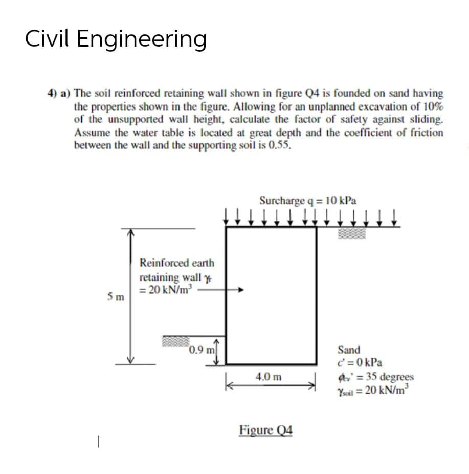 Civil Engineering
4) a) The soil reinforced retaining wall shown in figure Q4 is founded on sand having
the properties shown in the figure. Allowing for an unplanned excavation of 10%
of the unsupported wall height, calculate the factor of safety against sliding.
Assume the water table is located at great depth and the coefficient of friction
between the wall and the supporting soil is 0.55.
Surcharge q = 10 kPa
Reinforced earth
retaining wall y
= 20 kN/m?
5 m
0.9 m
Sand
c' = 0 kPa
4, = 35 degrees
Ysoil = 20 kN/m
4.0 m
Figure Q4
|
