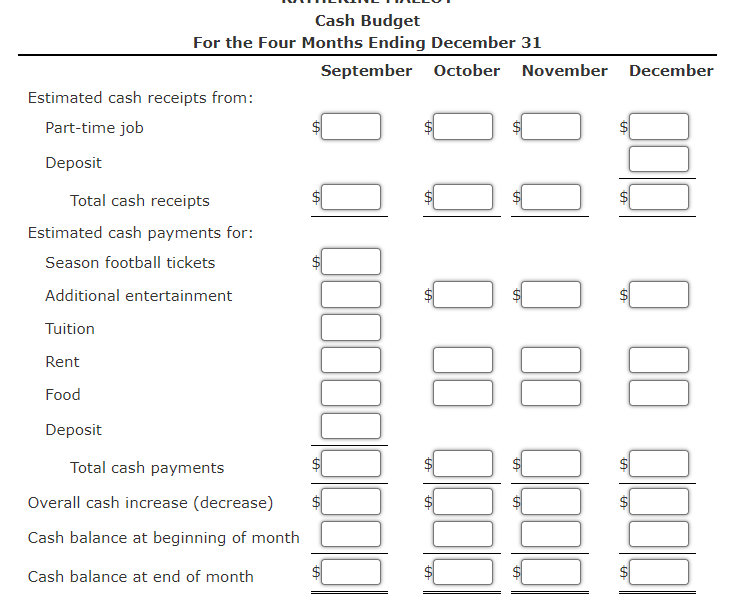 Cash Budget
For the Four Months Ending December 31
Estimated cash receipts from:
Part-time job
Deposit
Total cash receipts
Estimated cash payments for:
Season football tickets
Additional entertainment
Tuition
Rent
Food
Deposit
Total cash payments
Overall cash increase (decrease)
Cash balance at beginning of month
Cash balance at end of month
LA
QQ⁰⁰⁰⁰⁰
LA
September October November December
LA
LA
QOOQ
0000
0001
8
LA
SA