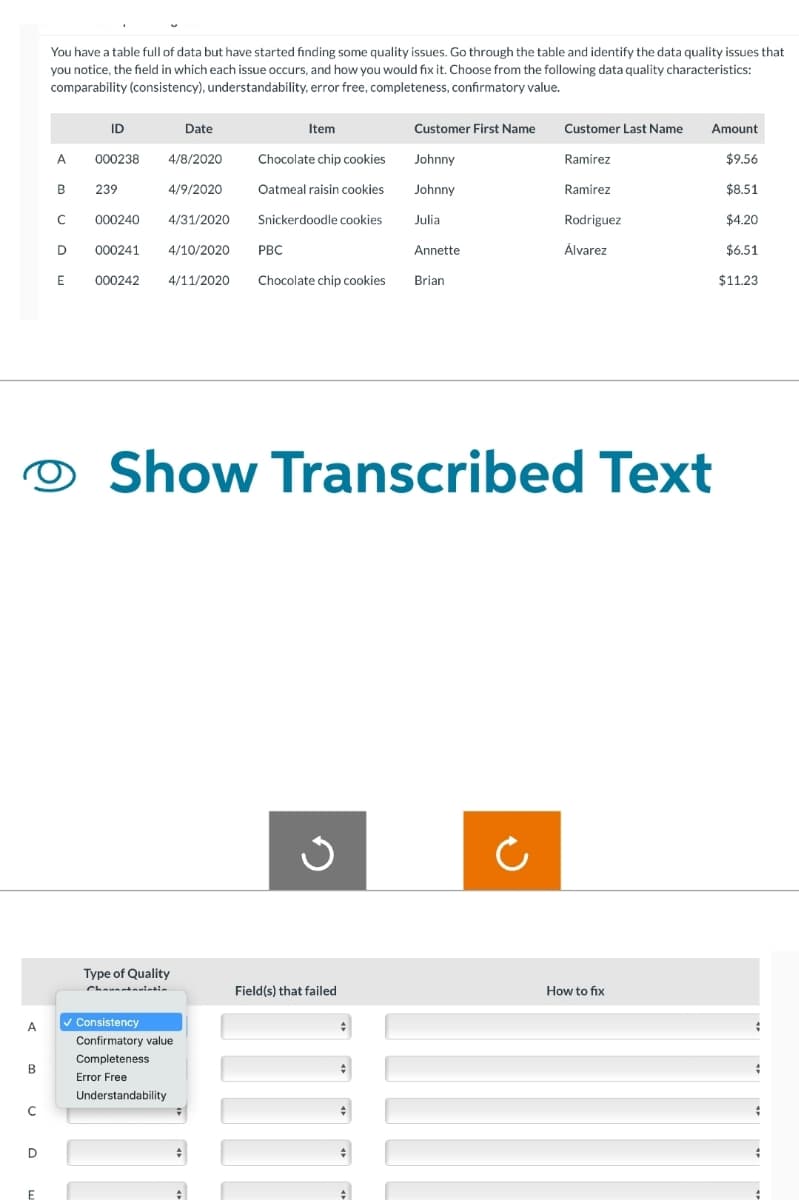 A
B
с
D
E
You have a table full of data but have started finding some quality issues. Go through the table and identify the data quality issues that
you notice, the field in which each issue occurs, and how you would fix it. Choose from the following data quality characteristics:
comparability (consistency), understandability, error free, completeness, confirmatory value.
A
B
ID
000238
239
4/8/2020
Date
4/9/2020
C
000240
4/31/2020
D 000241 4/10/2020 PBC
E
✓ Consistency
Type of Quality
Chaunabauintin
Item
Chocolate chip cookies
Oatmeal raisin cookies
000242 4/11/2020 Chocolate chip cookies
Confirmatory value
Completeness
Error Free
Understandability
Snickerdoodle cookies
J
Customer First Name
Johnny
Johnny
Julia
Field(s) that failed
Annette
Show Transcribed Text
Brian
Customer Last Name
Ramirez
Ramirez
Rodriguez
Álvarez
Amount
How to fix
$9.56
$8.51
$4.20
$6.51
$11.23
;