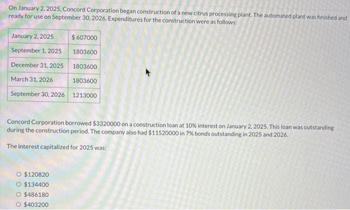 On January 2, 2025, Concord Corporation began construction of a new citrus processing plant. The automated plant was finished and
ready for use on September 30, 2026. Expenditures for the construction were as follows:
January 2, 2025
September 1, 2025
December 31, 2025
March 31, 2026
September 30, 2026
$ 607000
1803600
1803600
1803600
1213000
Concord Corporation borrowed $3320000 on a construction loan at 10% interest on January 2, 2025. This loan was outstanding
during the construction period. The company also had $11520000 in 7% bonds outstanding in 2025 and 2026.
The interest capitalized for 2025 was:
O $120820
O $134400
O $486180
O $403200