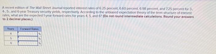 A recent edition of The Wall Street Journal reported interest rates of 6.25 percent, 6.60 percent, 6.98 percent, and 7.25 percent for 3-.
4-,5-, and 6-year Treasury security yields, respectively. According to the unbiased expectation theory of the term structure of interest
rates, what are the expected 1-year forward rates for years 4, 5, and 6? (Do not round intermediate calculations. Round your answers
to 2 decimal places.)
Years
4
5
6
Forward Rates