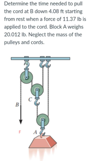 Determine the time needed to pull
the cord at B down 4.08 ft starting
from rest when a force of 11.37 lb is
applied to the cord. Block A weighs
20.012 lb. Neglect the mass of the
pulleys and cords.
C
B
A