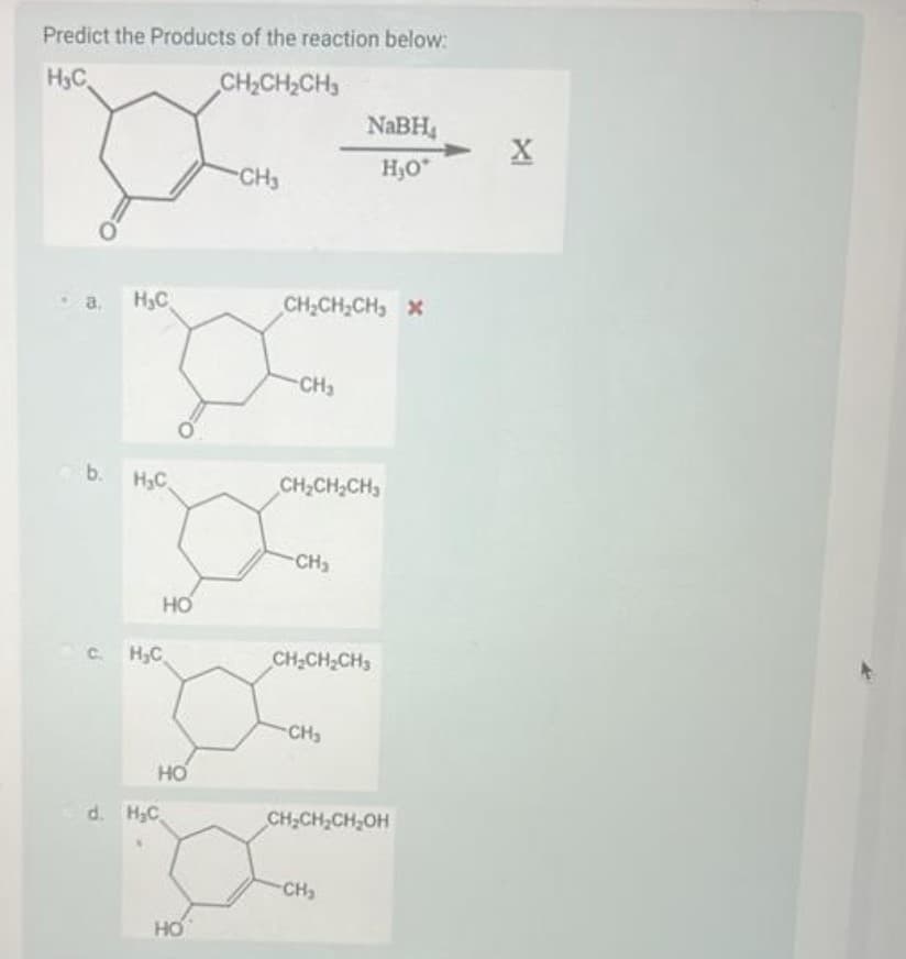 Predict the Products of the reaction below:
HC
CH2CH2CH3
a.
H₂C
NaBH
H₂O
CH
CH2CH2CH x
CH₂
b.
H₂C
CH2CH2CH
C. H,C
HO
CH₂
CH2CH2CH3
d. H₂C
HO
HO
CH
CH2CH2CH₂OH
CH₂