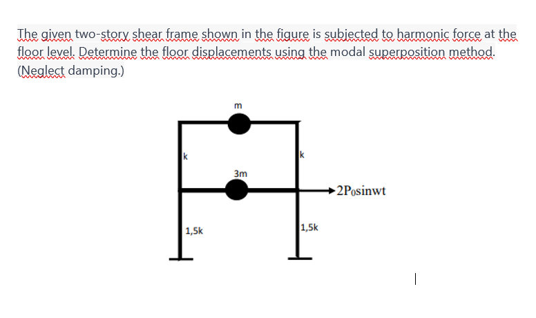 The given two-story shear frame shown in the figure is subjected to harmonic force at the
floor level. Determine the floor displacements using the modal superposition method.
(Neglect damping.)
k
1,5k
m
3m
1,5k
-2Posinwt
|