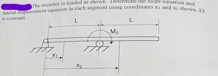 lateral displacement equation in each segment using coordinates x1 and x2 shown. EI
The member is loaded as shown. Determine thè slope equation and
is constant.
L
Mo
X1
X2
