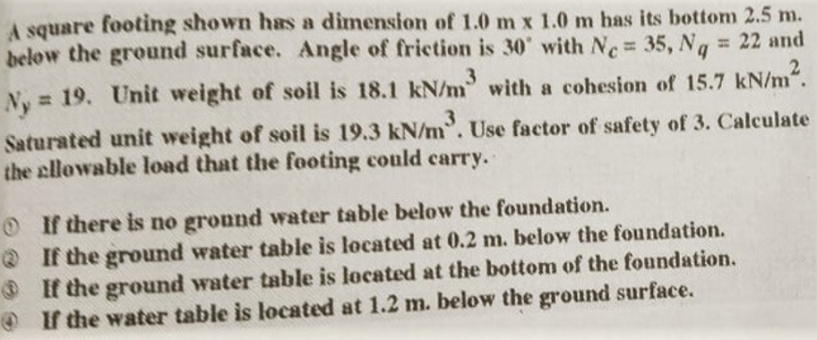 A square footing shown has a dimension of 1.0 m x 1.0 m has its bottom 2.5 m.
below the ground surface. Angle of friction is 30 with Ne= 35, Ng = 22 and
Ny = 19. Unit weight of soil is 18.1 kN/m with a cohesion of 15.7 kN/m".
Saturated unit weight of soil is 19.3 kN/m. Use factor of safety of 3. Calculate
the ellowable load that the footing could carry.
OIf there is no ground wFater table below the foundation.
O If the ground water table is located at 0.2 m. below the foundation.
O If the ground water table is located at the bottom of the foundation.
OIf the water table is located at 1.2 m. below the ground surface.
