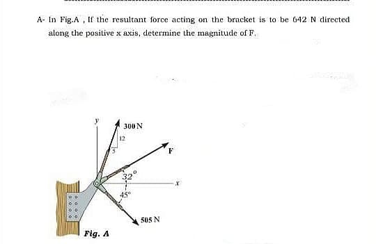 A- In Fig.A , If the resultant force acting on the bracket is to be 642 N directed
along the positive x axis, determine the magnitude of F.
300N
12
505 N
Fig. A
