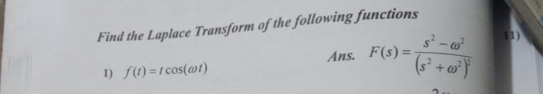 Find the Laplace Transform of the following functions
11)
s- o
Ans. F(s) =-
(s² + w°}
1) f(1) =1 cos(@t)
