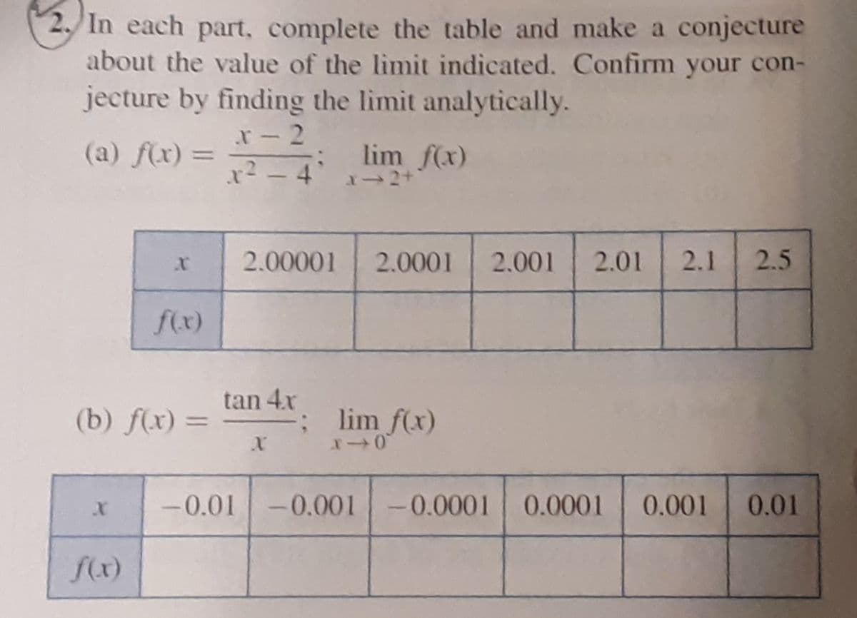 2. In each part, complete the table and make a conjecture
about the value of the limit indicated. Confirm your con-
jecture by finding the limit analytically.
r-2
(a) f(x) =
lim f(x)
X
f(x)
(b) f(x) =
x2-4'x2+
2.00001 2.0001 2.001 2.01 2.1 2.5
tan 4x
X
lim f(x)
x-0
-0.01 -0.001 -0.0001 0.0001 0.001 0.01