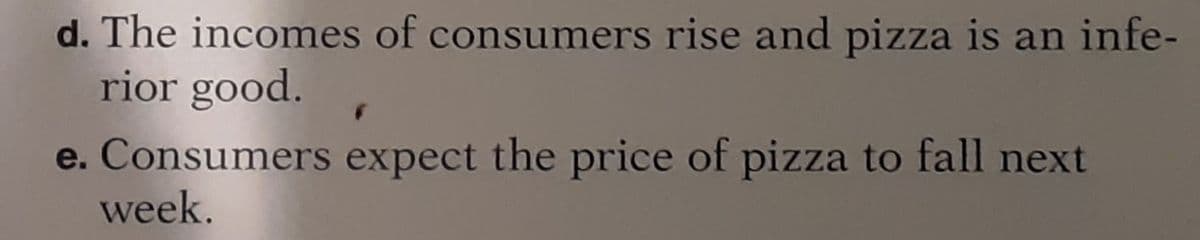 d. The incomes of consumers rise and pizza is an infe-
rior good.
e. Consumers expect the price of pizza to fall next
week.
