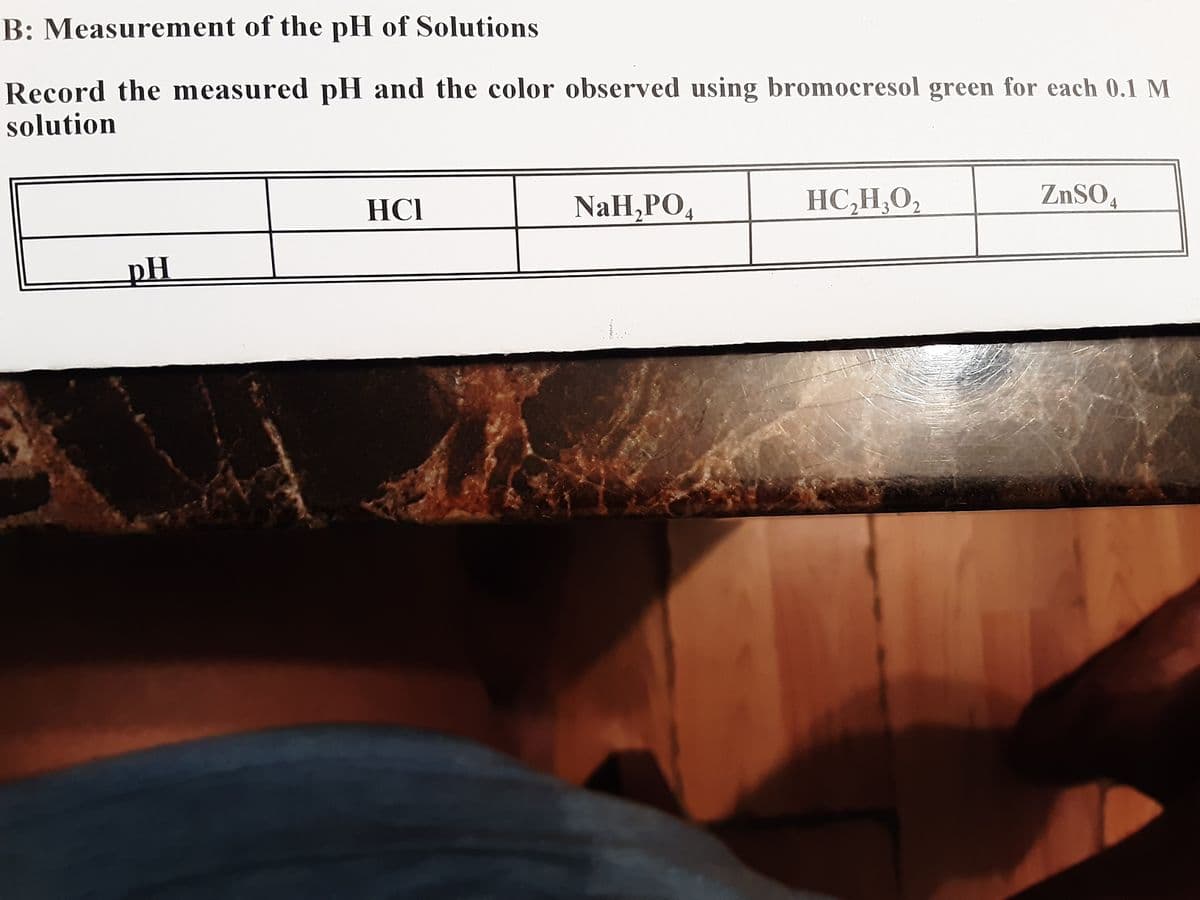 B: Measurement of the pH of Solutions
Record the measured pH and the color observed using bromocresol green for each 0.1 M
solution
HCI
NaH,PO,
HC,H,O,
ZnSO,
4
4,
pH
