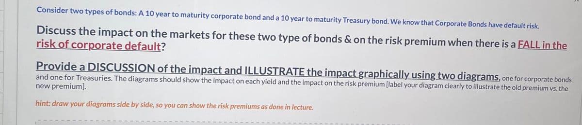 Consider two types of bonds: A 10 year to maturity corporate bond and a 10 year to maturity Treasury bond. We know that Corporate Bonds have default risk.
Discuss the impact on the markets for these two type of bonds & on the risk premium when there is a FALL in the
risk of corporate default?
Provide a DISCUSSION of the impact and ILLUSTRATE the impact graphically using two diagrams, one for corporate bonds
and one for Treasuries. The diagrams should show the impact on each yield and the impact on the risk premium [label your diagram clearly to illustrate the old premium vs. the
new premium].
hint: draw your diagrams side by side, so you can show the risk premiums as done in lecture.