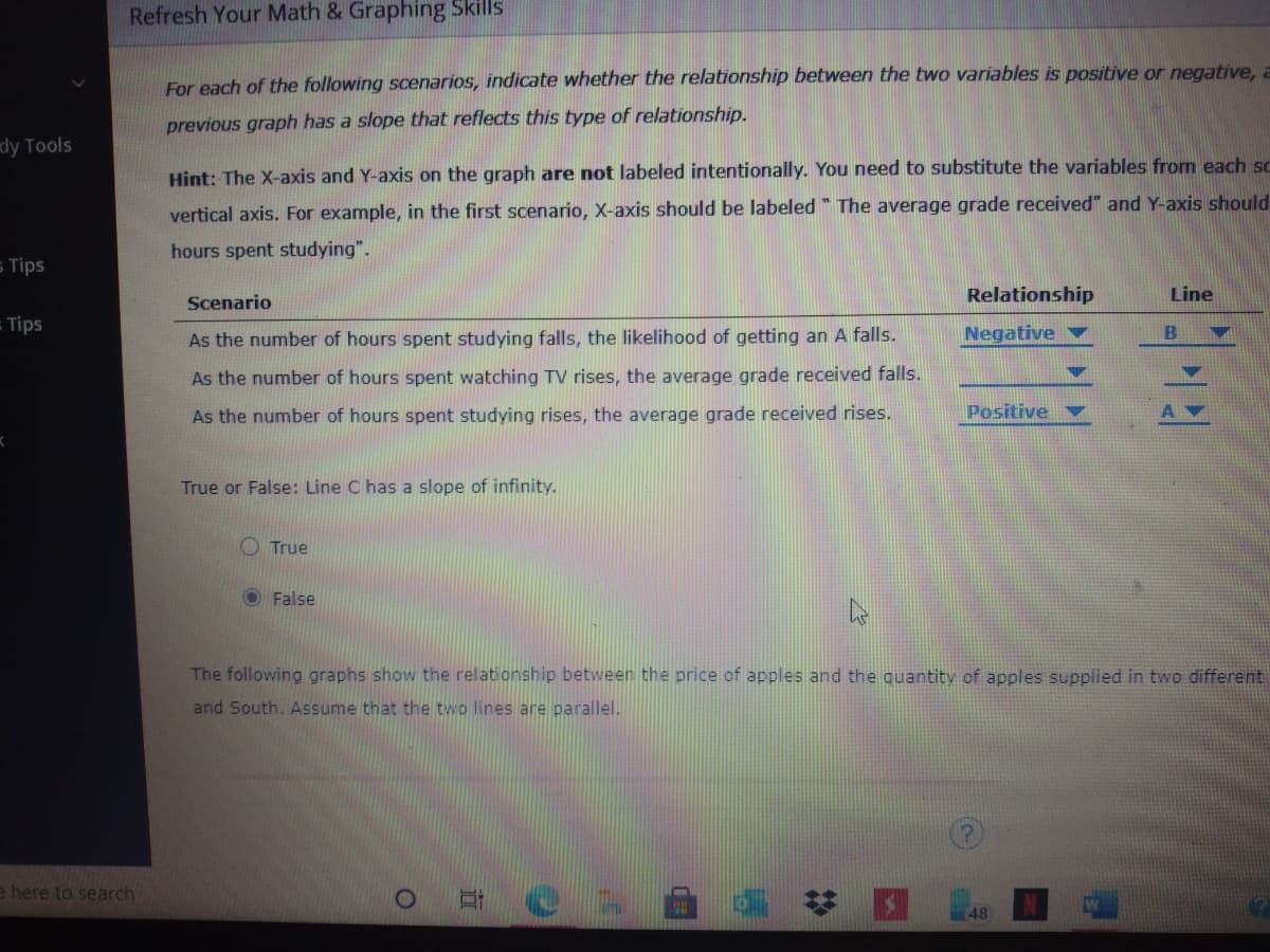 Refresh Your Math & Graphing Skills
For each of the following scenarios, indicate whether the relationship between the two variables is positive or negative, a
previous graph has a slope that reflects this type of relationship.
dy Tools
Hint: The X-axis and Y-axis on the graph are not labeled intentionally. You need to substitute the variables from each sc
vertical axis. For example, in the first scenario, X-axis should be labeled" The average grade received" and Y-axis should
hours spent studying".
s Tips
Scenario
Relationship
Line
= Tips
As the number of hours spent studying falls, the likelihood of getting an A falls.
Negative v
As the number of hours spent watching TV rises, the average grade received falls.
As the number of hours spent studying rises, the average grade received rises.
Positive
True or False: Line C has a slope of infinity.
True
O False
The following graphs show the relationship between the price of apples and the quantity of apples supplied in two different
and South. Assume that the two lines are parallel.
e here to search
# 国
48
