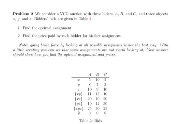 Problem 2 We consider a VCG auction with three biders, A, B, and C, and three objects
1, y, and z. Bidders' bids are given in Table 2.
1. Find the optimal assignment
2. Find the price paid by cach bidder for his/her assignment.
Note: going brute force by looking at all possible assigments is not the best way. With
a little scrutiny you can see that some assignments are not worth looking at. Your answer
should show how you find the optimal assignment and prices.
ABC
10
7
3
9 10
11 12 10
10
(ry}
{x2}
20 10 20
10 12 30
{ry:} 25 30 25
Table 2: Bids
