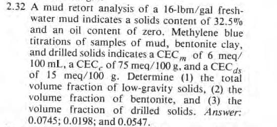 2.32 A mud retort analysis of a 16-lbm/gal fresh-
water mud indicates a solids content of 32.5%
and an oil content of zero. Methylene blue
titrations of samples of mud, bentonite clay,
and drilled solids indicates a CEC m of 6 meq/
100 mL, a CEC, of 75 meq/100 g, and a CECds
of 15 meq/100 g. Determine (1) the total
volume fraction of low-gravity solids, (2) the
volume fraction of bentonite, and (3) the
volume fraction of drilled solids. Answer:
0.0745; 0.0198; and 0.0547.
