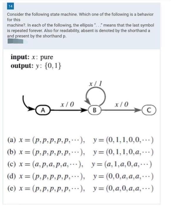 14
Consider the following state machine. Which one of the following is a behavior
for this
machine?. In each of the following, the ellipsis ".."means that the last symbol
is repeated forever. Also for readability, absent is denoted by the shorthand a
and present by the shorthand p.
input: x: pure
output: y: {0,1}
x/ 1
x/0
x/0
A
В
(а) х %3D (р,р,р,р,р, ..), у%3D (0, 1, 1,0,0, -)
(b) х %3D (р,р,р,р, р, ...), у%3D(0, 1,1,0,а, ...)
(с) х %3D (а, р,а, р,а, ...),
(d) х %3D (р,р,р,р, р, ..-), у%3D (0,0,а, а, а, ..-)
(е) х %3D (р,р,р,р, р, ..-.), у%3 (0,а, 0, а, а, ...)
у%3 (а,1,а, 0,а, -.-)
