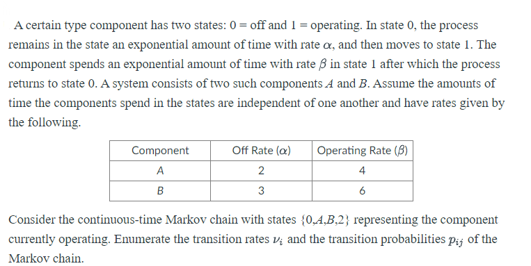 A certain type component has two states: 0 = off and 1 = operating. In state 0, the process
remains in the state an exponential amount of time with rate a, and then moves to state 1. The
component spends an exponential amount of time with rate ß in state 1 after which the process
returns to state 0. A system consists of two such components A and B. Assume the amounts of
time the components spend in the states are independent of one another and have rates given by
the following.
Component
Off Rate (a)
Operating Rate (B)
A
4
B
3
6
Consider the continuous-time Markov chain with states {0,4,B,2} representing the component
currently operating. Enumerate the transition rates V; and the transition probabilities pij of the
Markov chain.
