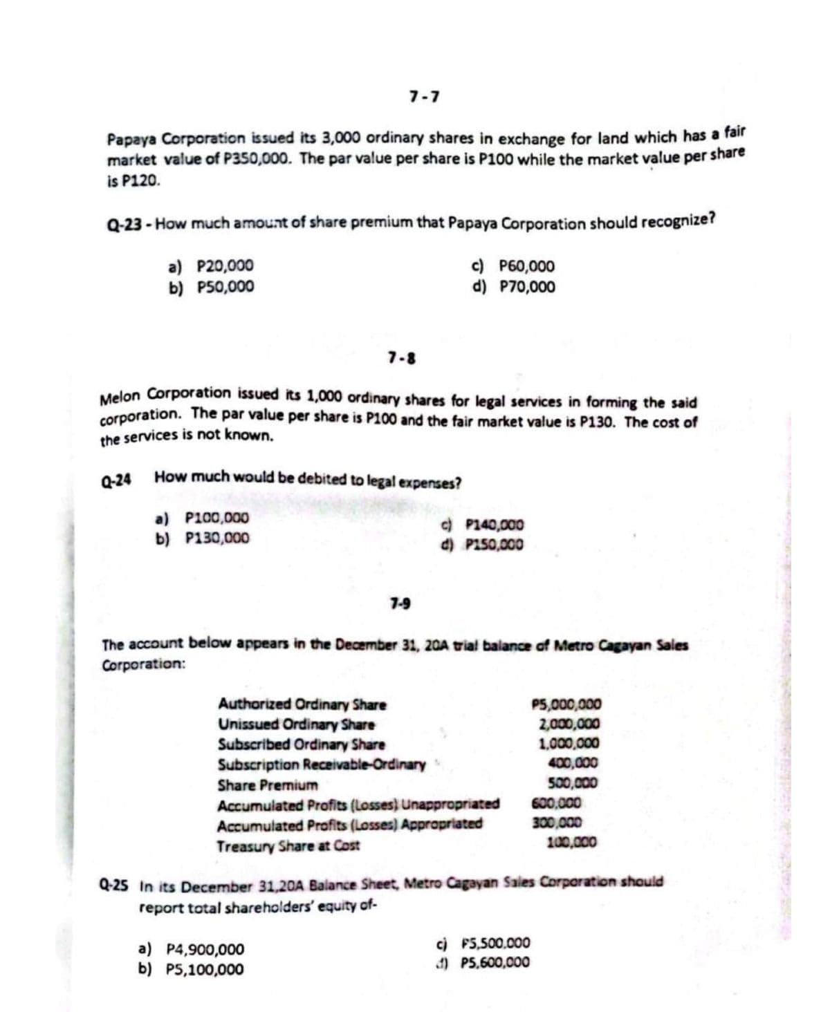 7-7
Papaya Corporation issued its 3,000 ordinary shares in exchange for land which has a fair
market value of P350,000. The par value per share is P100 while the market value per share
is P120.
Q-23 - How much amount of share premium that Papaya Corporation should recognize?
a) P20,000
c) P60,000
P70,000
b) P50,000
d)
7-8
Melon Corporation issued its 1,000 ordinary shares for legal services in forming the said
corporation. The par value per share is P100 and the fair market value is P130. The cost of
the services is not known.
Q-24 How much would be debited to legal expenses?
a) P100,000
b) P130,000
7-9
a) P4,900,000
b) P5,100,000
c) P140,000
d) P150,000
The account below appears in the December 31, 20A trial balance of Metro Cagayan Sales
Corporation:
Authorized Ordinary Share
Unissued Ordinary Share
Subscribed Ordinary Share
Subscription Receivable-Ordinary
Share Premium
Accumulated Profits (Losses) Unappropriated
Accumulated Profits (Losses) Appropriated
Treasury Share at Cost
P5,000,000
2,000,000
1,000,000
400,000
500,000
c) F5,500.000
.) PS,600,000
600,000
300,000
Q-25 In its December 31,20A Balance Sheet, Metro Cagayan Sales Corporation should
report total shareholders' equity of-
100,000