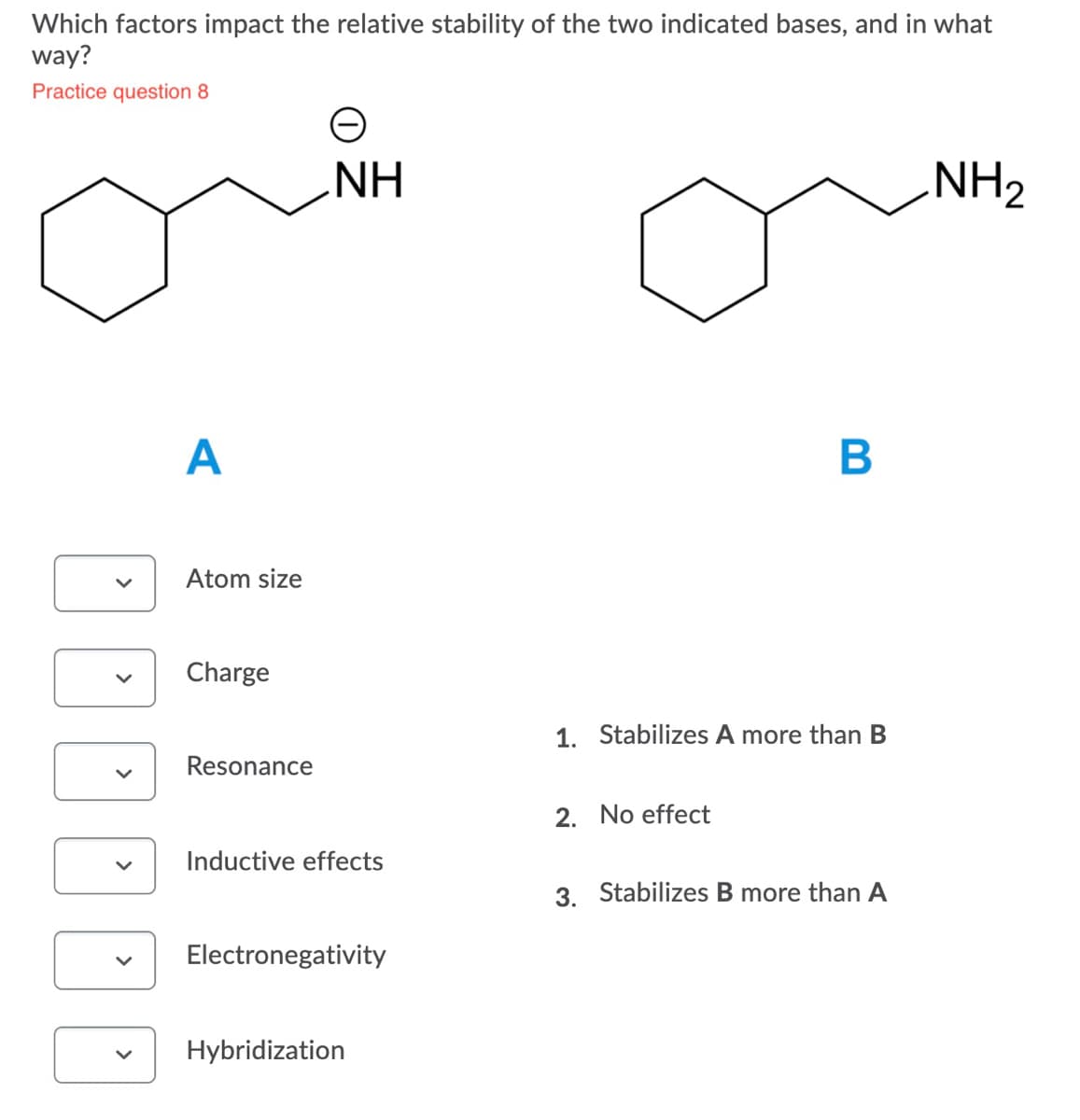 Which factors impact the relative stability of the two indicated bases, and in what
way?
Practice question 8
NH
NH2
В
Atom size
Charge
1. Stabilizes A more than B
Resonance
2. No effect
Inductive effects
3. Stabilizes B more than A
Electronegativity
Hybridization
>
>
