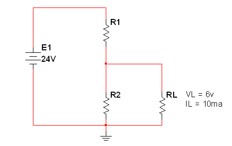 R1
E1
=24V
R2
RL VL = 6v
IL = 10ma
