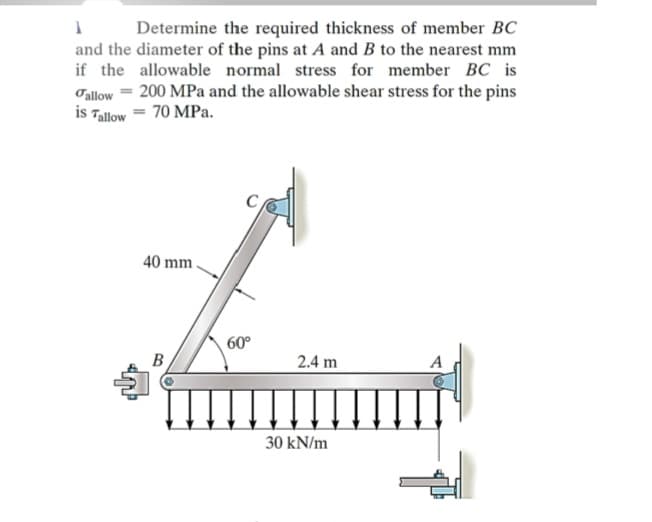 1 Determine the required thickness of member BC
and the diameter of the pins at A and B to the nearest mm
if the allowable normal stress for member BC is
Fallow = 200 MPa and the allowable shear stress for the pins
is Tallow = 70 MPa.
40 mm
B
60°
2.4 m
30 kN/m
A