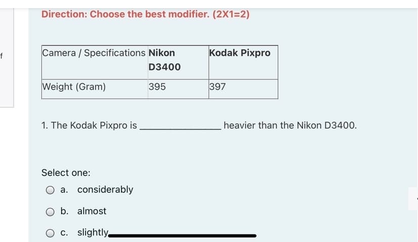 Direction: Choose the best modifier. (2X1=2)
Camera / Specifications Nikon
Kodak Pixpro
D3400
Weight (Gram)
395
397
1. The Kodak Pixpro is
heavier than the Nikon D3400.
Select one:
O a. considerably
O b. almost
O c. slightly,
