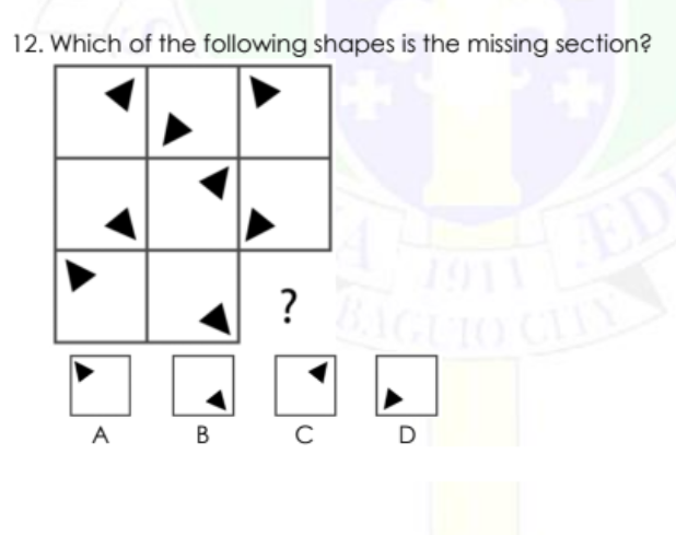 12. Which of the following shapes is the missing section?
1911
ED
A
B
C D
